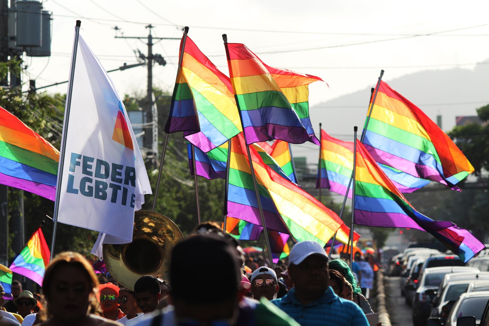 Des drapeaux arc-en-ciel lors d’une marche des fiertés